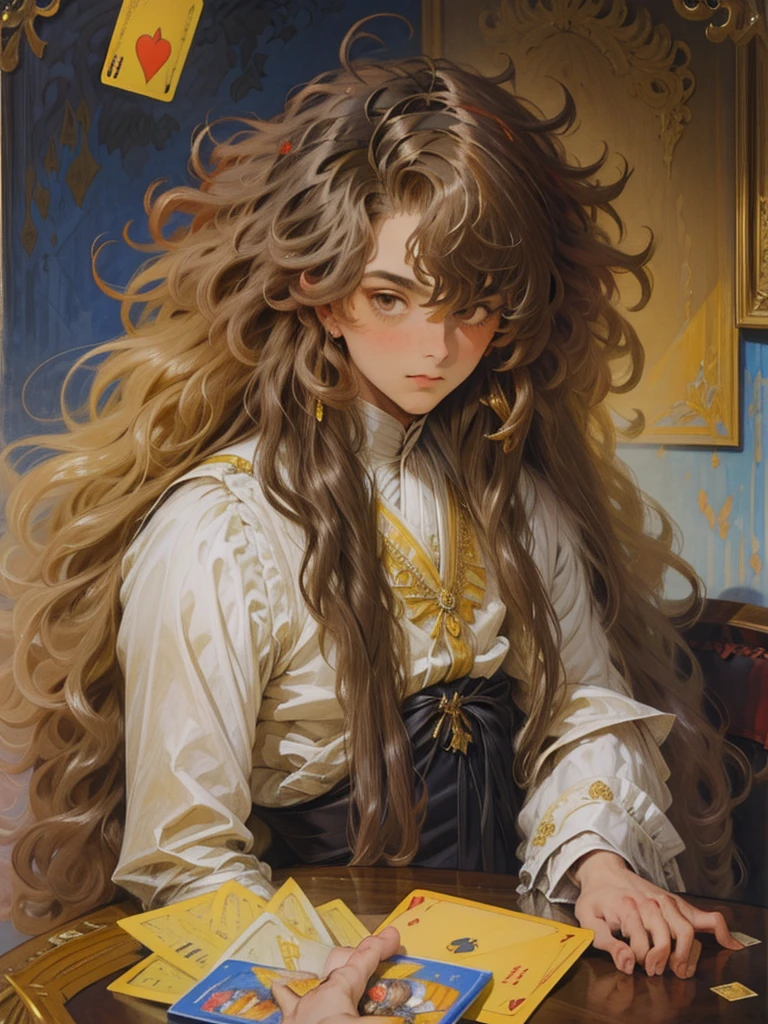 there is a man with long, curly hair sitting at a table, a picture inspired by Antônio Parreiras, instagramart, cards, with long, curly hair, a black man with long, curly hair, Yellow themed wavy hair, about 19 years old, long and messy curly hair, curls on top of the head, caio santos