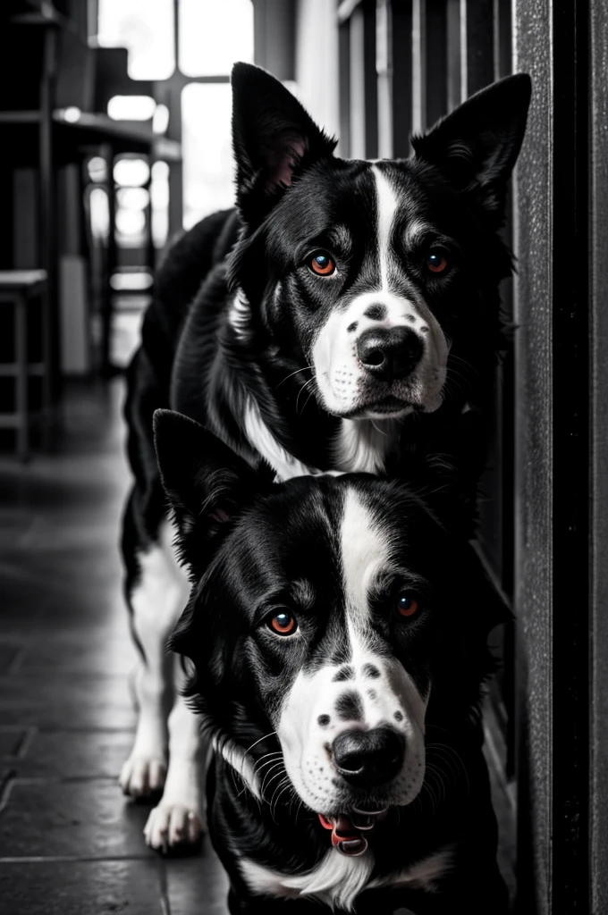 black and white dog with red eyes in a dark environment 