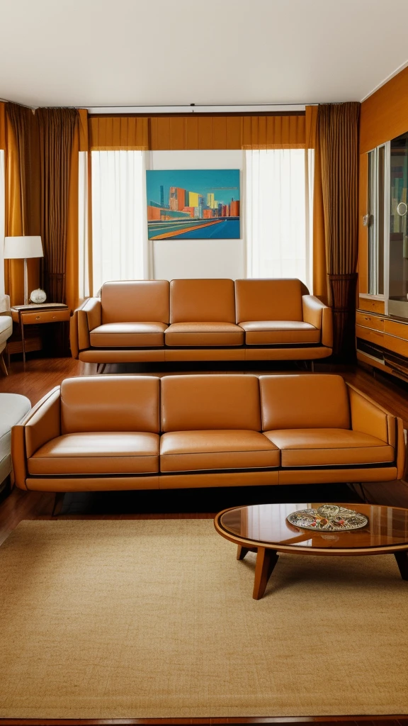 there is a picture of a living room with a couch and a chair, 7 0 s living room, 7 0 s art deco, 1970 furniture, 70s interior with arched windows, 70s design, 1 9 7 0 s style, 1970s style, 7 0 s vintage art, 1970s vintage art