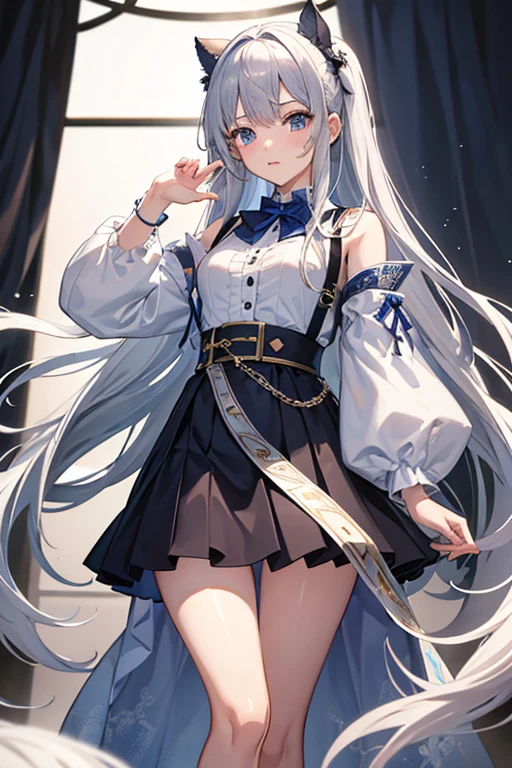 masterpiece, Highest quality, High resolution，Follow the on-screen instructions、Anime Style、Follow the prompts、One Girl、Long silver hair、、Unbutton all the clotheini skirt、