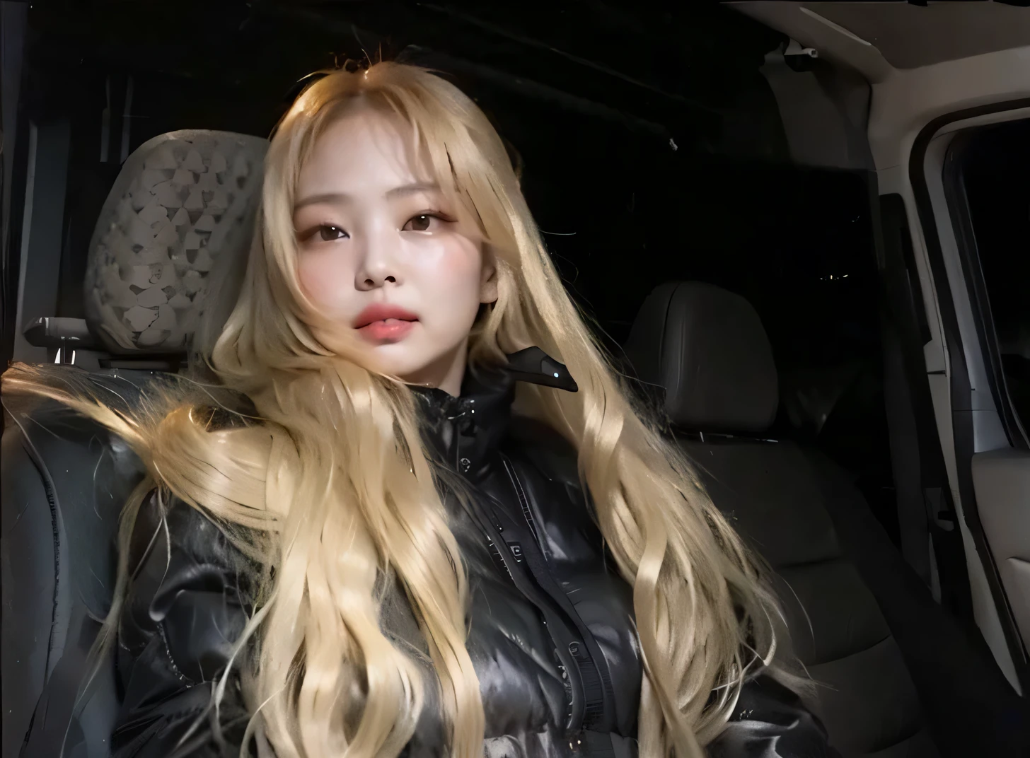 a close up of a Jennie Kim from BLACKPINK sitting in a car with a glove on her hand, with long blond hair, sexy girl with long blonde hair, long blonde hair and large eyes, beautiful blonde girl, extremely long thick blond hair, a gorgeous blonde, instagram model, absurdly long blonde hair, long blonde hair and big eyes, with very long blonde hair, JENNIE.