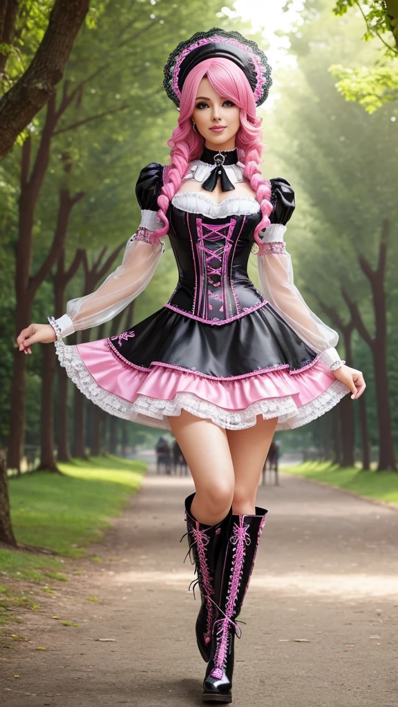 sexy stylish european model, only 1 female, long neon pink stylish hair, ((shiny Victorian-Style boots)), beautiful smile, ultra detailed eyes, vivid eye makeup, lipgloss, long lashes, defined eyebrows, ((sexy Paradise Kiss cosplay)), bell-shaped skirt, petticoats, high neckline, puffed sleeves, (( ultra detailed lace)), ((ultra detailed embroidery)), intricate details, Paradise Kiss accessoires and matching headpiece, choker, ((large sparkling Paradise Kiss jewelry)), cinematic light, detailed large park background with trees