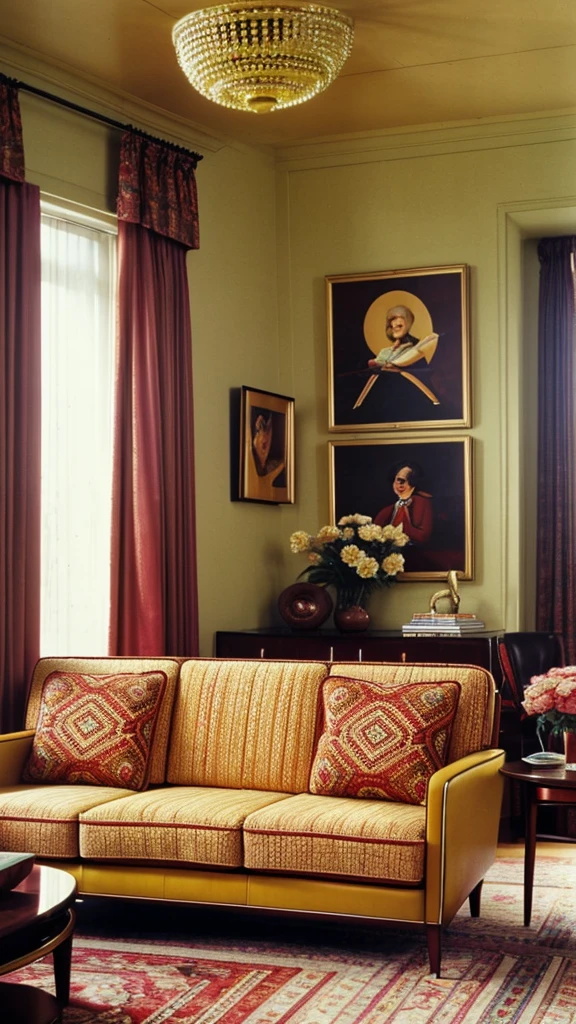 there is a picture of a living room with a couch and a chair, a portrait by Robert Scott Lauder, cg society contest winner, maximalism, 7 0 s living room, 7 0 s art deco, 1970 furniture, 70s interior with arched windows, 70s design, 1970s style