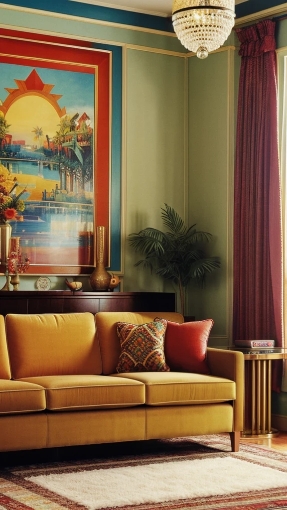 there is a picture of a living room with a couch and a chair, a portrait by Robert Scott Lauder, cg society contest winner, maximalism, 7 0 s living room, 7 0 s art deco, 1970 furniture, 70s interior with arched windows, 70s design, 1970s style