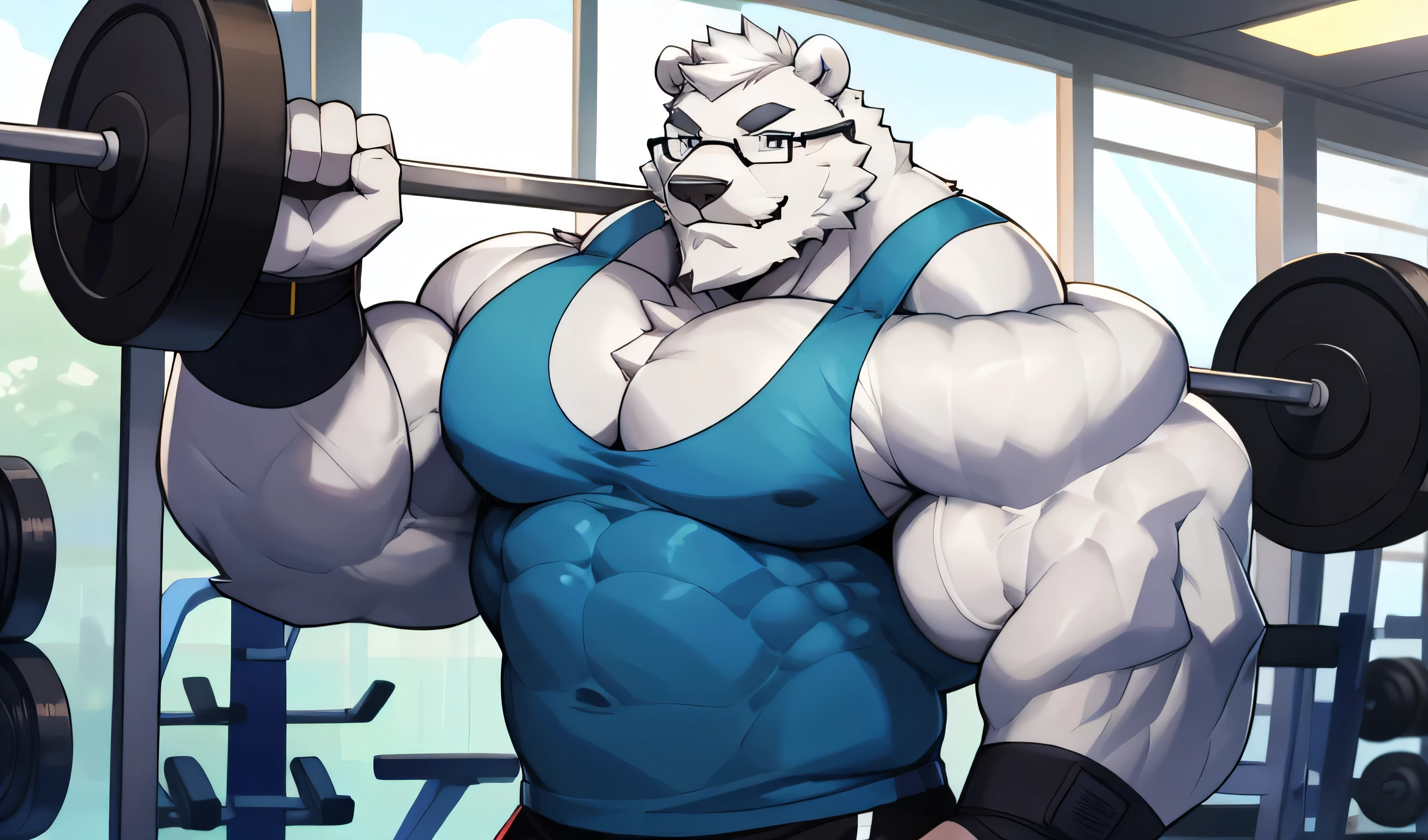 solo, 1boy, Huge Muscular White Polar Bear wearing glasses, huge white fur, pectoral, huge pectoral, wide pectoral, short white hair, blue colored short pants, blue colored wristbands and blue colored tank top, white bearded, white Mustache, white fur, black eyebrows, gym fitness center background, masterpiece, high detailed, 8k, high resolution, at the gym, flexes huge thorax, looking at the viewer, acting all hunk