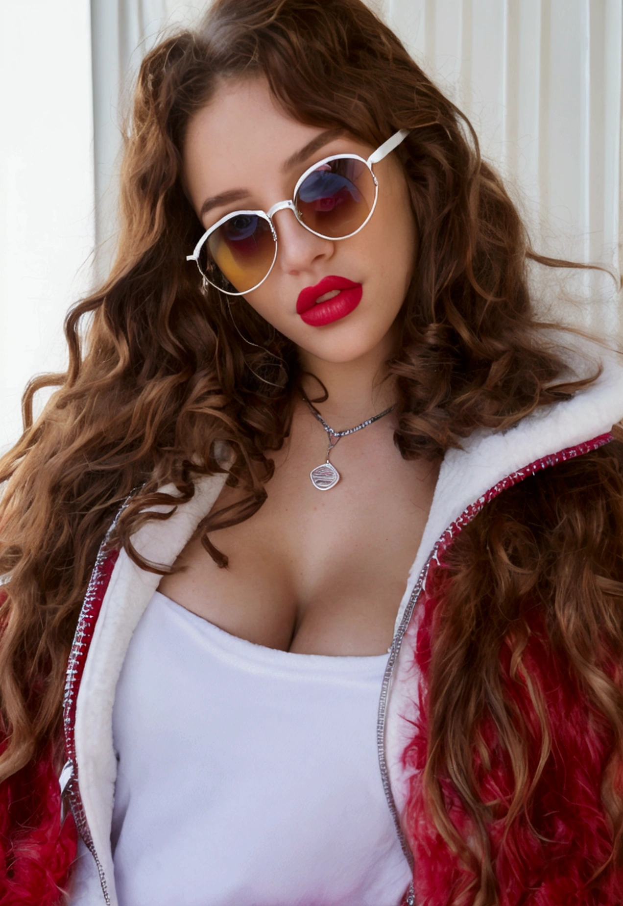 A white girl with sun glasses, brown curly hair, red lips, red shirt, big , white furry &fluffy jacket, with blue jeans, big ass, yellow cap in the middle a logo of etherium, silver necklace with the logo of etherium, golden hoop earring, beatiful young 20 year old.