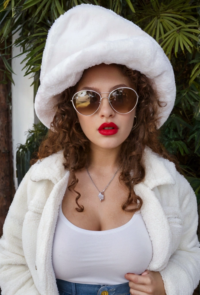 A white girl with sun glasses, brown curly hair, red lips, red shirt, big , white furry &fluffy jacket, with blue jeans, big ass, yellow cap in the middle a logo of etherium, silver necklace with the logo of etherium, golden hoop earring, beatiful young 20 year old.