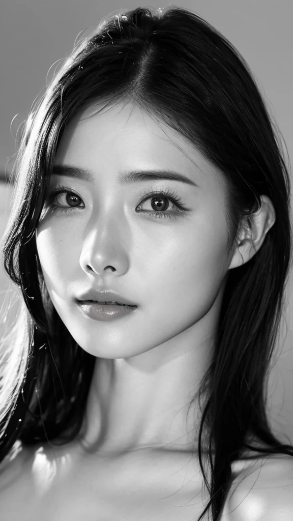 (best quality,ultra-detailed,realistic),(monoclonal portraits),(black and white:1.7),(soft lighting),(Japanese beautiful face),(detailed facial features),(white background),(line drawing),anatomy correct,completely naked,perfect nude,undressed,gleaming face,shiny skin