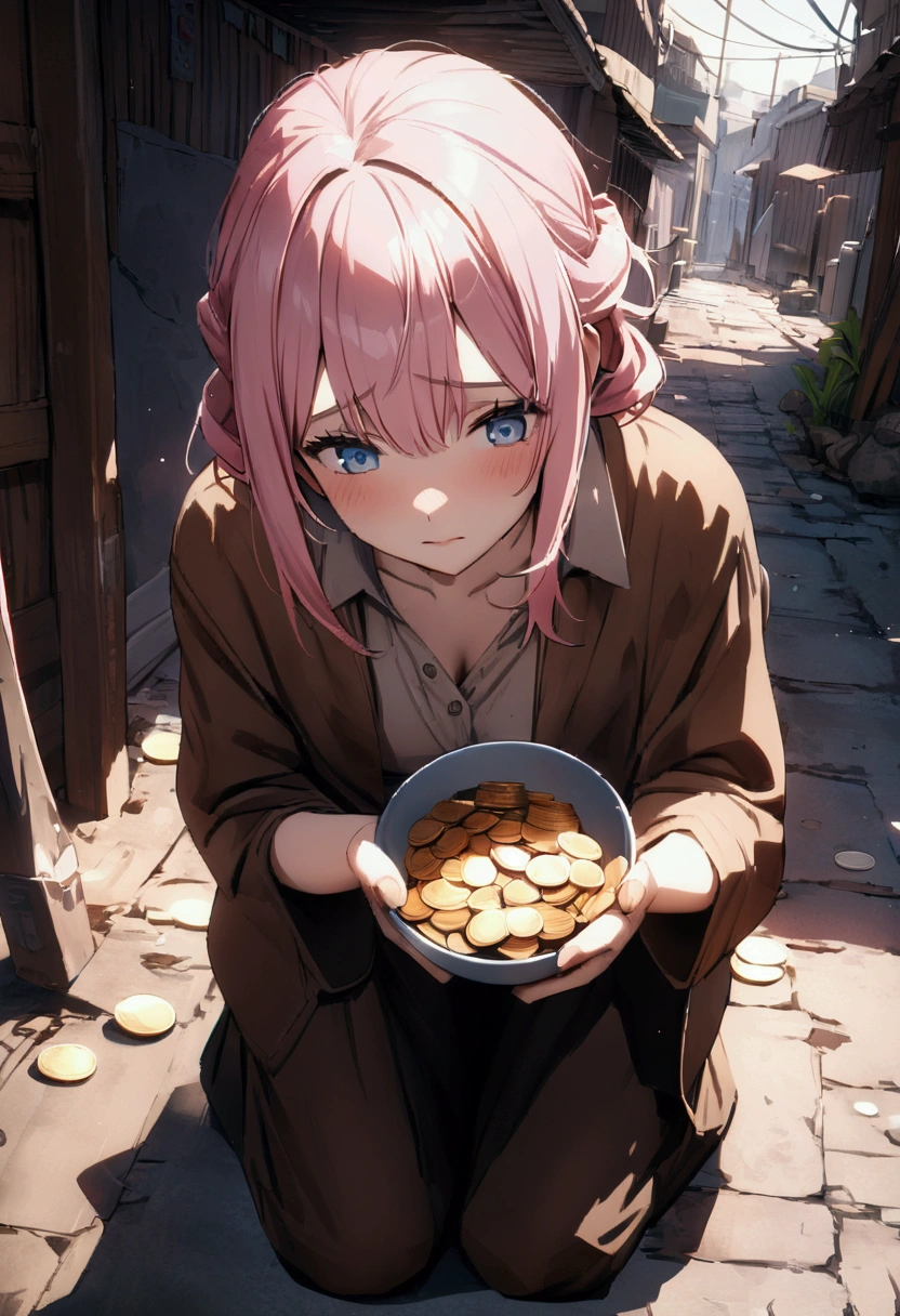 anime, High resolution, Soft Light, ((Highest quality)), ((masterpiece)), (detailed), Re_\(), , (Rugware:1.1), Dirty clothes, Brown clothes, Beggar, Slums, sad, Beggar for money, On my knees, Holding bowl, Bowl of coins, , 、Pink haired woman、blue eyes
