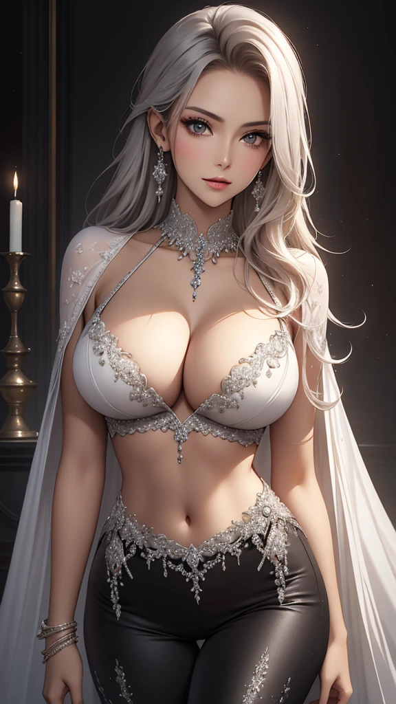 Closeup, Best quality, masterpiece, realistic, Beautiful sexy cool tall, slim, fit woman, wearing fancy silver-white sequin top and black pants, intricate and highly detailed, cleavage, long silver hair, body chain, jewelry.