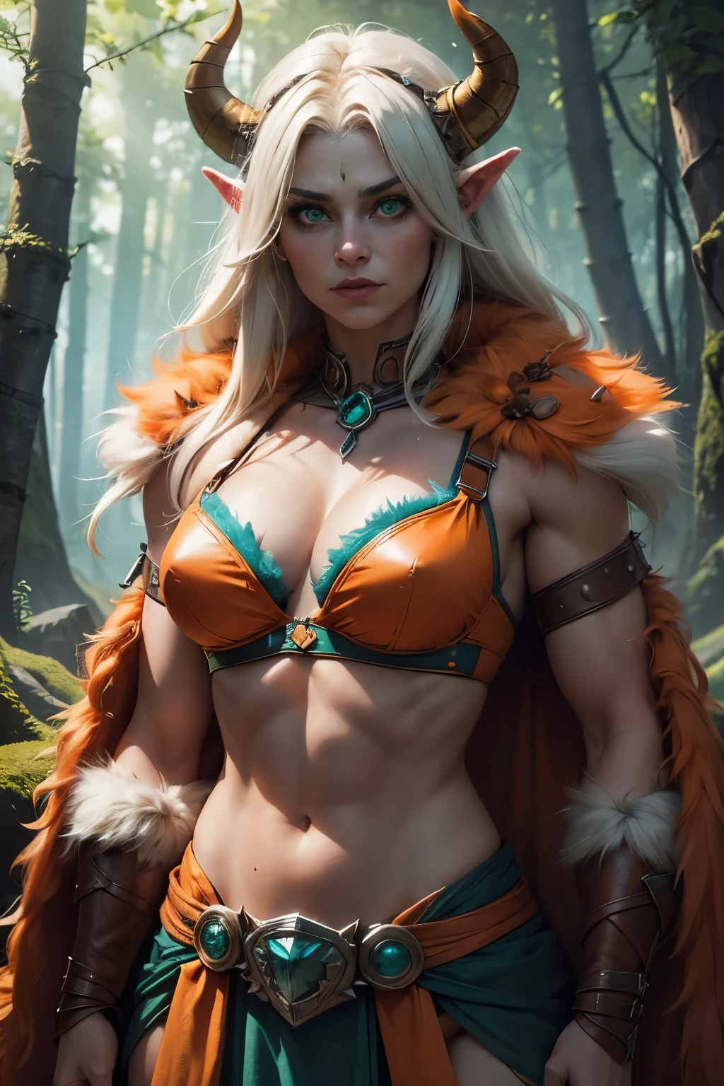 a woman with horns, platinum blonde, pale green eyes, female troll shaman, muscular female druid, a very beautiful berserker woman, female druid, female orc forest druid, detailed face, beautiful face, ((orange fur)). wearing orange fur, (teal green top), leather top, leather bra, (teal green vest), shoulder armor, pelvic curtain. super high quality, super high detail, masterpiece, 4k, 8k, HDR, (upper body shot), (best quality,4k,8k,highres,masterpiece, colorful, vibrant colors:1.2), absurdres. Show her standing on a hill top in a thick green forest. 