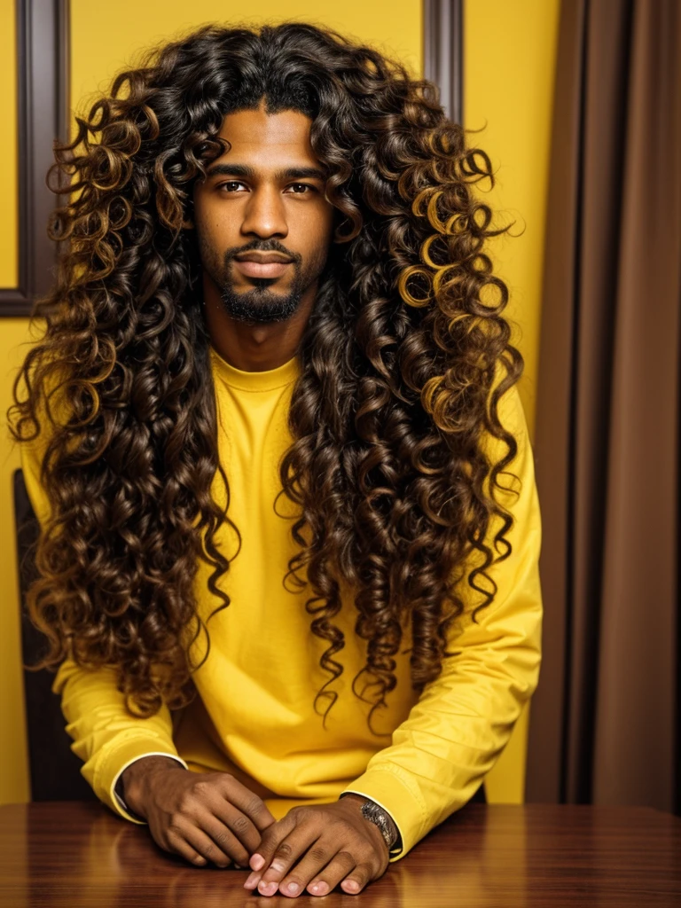 there is a man with long, curly hair sitting at a table, a picture inspired by Antônio Parreiras, instagramart, cards, with long, curly hair, a black man with long, curly hair, Yellow themed wavy hair, about 19 years old, long and messy curly hair, curls on top of the head, caio santos
