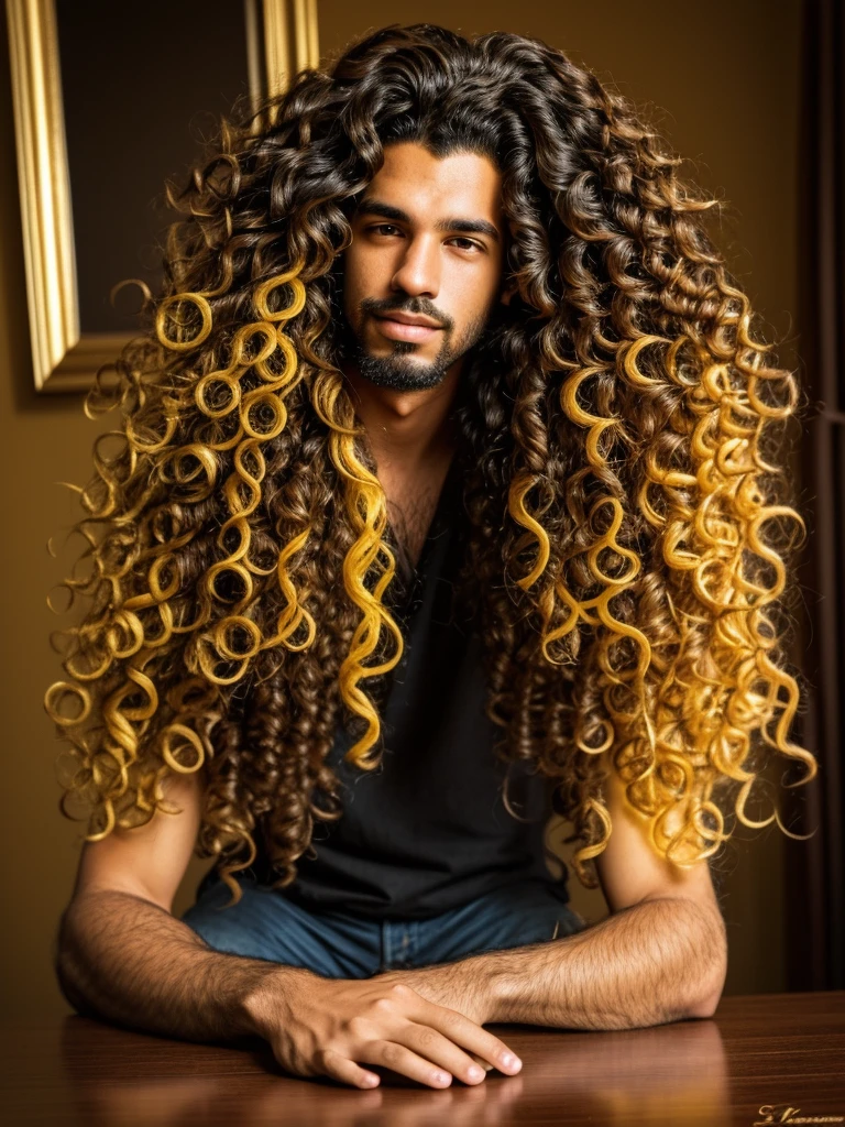 there is a man with long, curly hair sitting at a table, a picture inspired by Antônio Parreiras, instagramart, cards, with long, curly hair, a black man with long, curly hair, Yellow themed wavy hair, about 19 years old, long and messy curly hair, curls on top of the head, caio santos