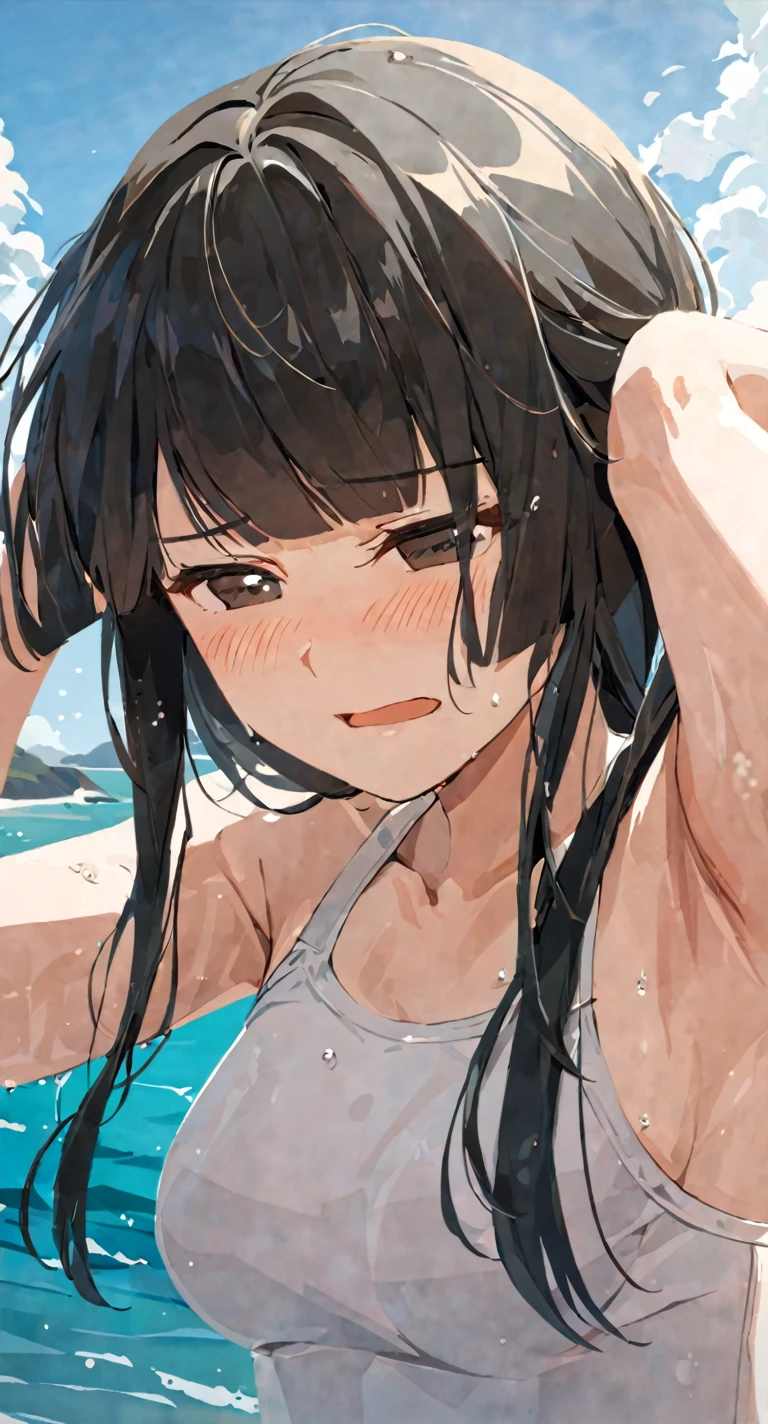 masterpiece,best quality, solo, eda, bangs, black hair, upper body,blue sky,cloud, shy expression, medium breast, hot, thicc, swimsuit , ocean, water, she is tying her hair, she is shy, embarrassed , she is embarrassed, dynamic pose, she is tying her hair, close shot, upper body, dynamic pose