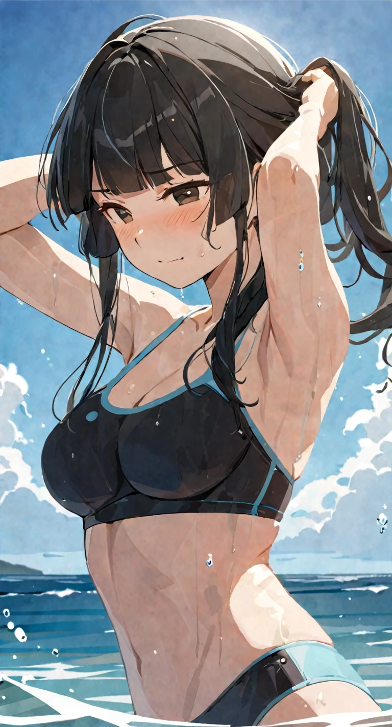 masterpiece,best quality, solo, eda, bangs, black hair, upper body,blue sky,cloud, shy expression, medium breast, hot, thicc, swimsuit , ocean, water, she is tying her hair, she is shy, embarrassed , she is embarrassed, dynamic pose, she is tying her hair, close shot, upper body, dynamic pose