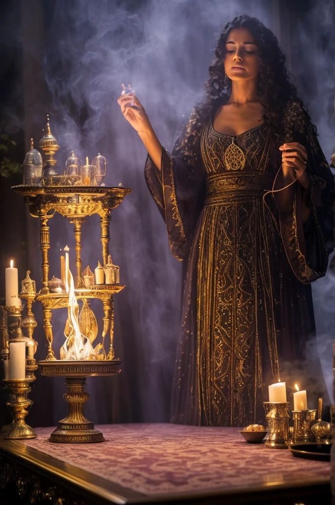 (MESTRA CIGANA SULAMITA) super-realista, Standing showing all her realistic 8K red/orange lace dress floating in space , cabelos negros, pele, dourada, corpo full body perfect , Detailed Hands with Ruby Ring, 40 anos, Mystery front image ::8, flowing robe, Intricate Purple Makeup Patterns ::7, body ::6, Aura Encantada, magia brilhante ::5, On your card table, Bubbling Potion ::4, Magic ingredients, spellbooks ::3, gesto de spellcasting ::2, mistic ambient, supernatural presence ::1. Smoke and atmosphere: , poderes naturais, como frutos, folhas, cristais, 16K.