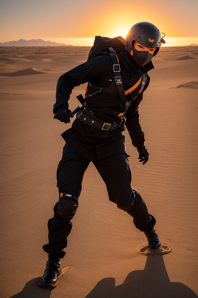 In a vast and silent desert, a ninja dressed in a black uniform glides quickly over the golden sand. His black attire contrasts sharply with the orange glow of the setting sun.. With agile and precise movements, it moves forward, leaving only soft tracks in the sand as the wind blows lightly, raising small clouds of dust around you. Their eyes, attentive and determined, reflect the urgency of his mission as he melts into the shadows of the desert.