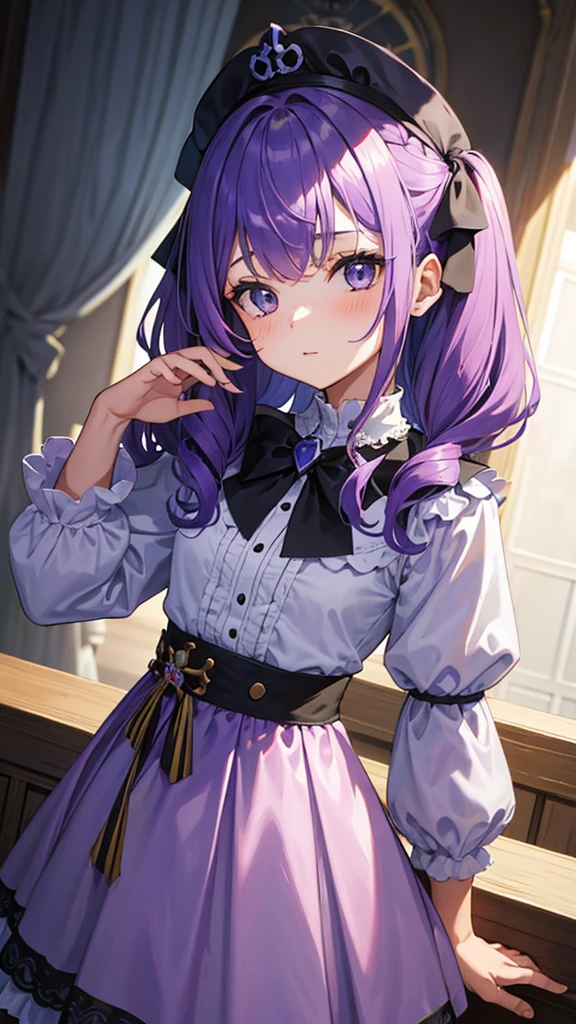 Une jeune  qui a les cheveux brun et le bas des cheveux violet elle a de tout petit sein 