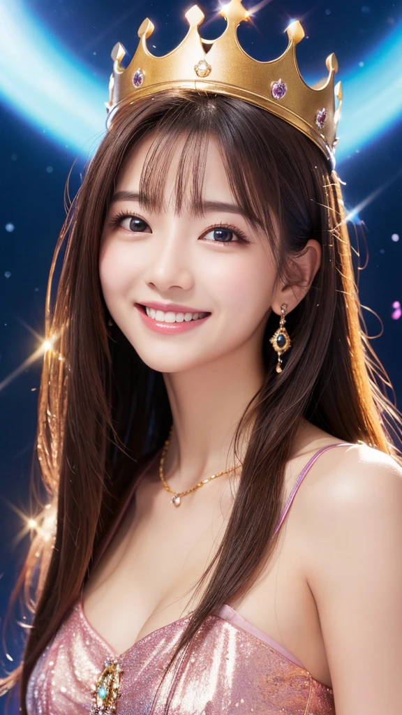 high resolution、gorgeous、goddess、smile、crown、The background is space、shine、front、1 person