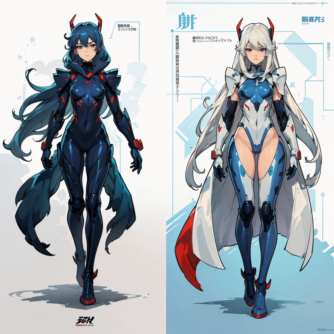 (((full body photo))), red blue and white color, femboy wearing a lightly armoured body suit, sci-fi themes, chest armour, gundam, best quality, arte oficial, Sketch line diagram, eye blue, front view, back view, and side view of character, long hair