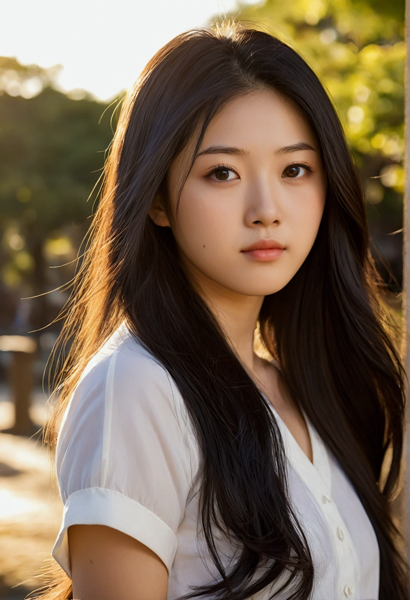 A photorealistic portrait of a 21-year-old japanese girl with long, flowing dark hair and striking dark eyes. She should have a natural, approachable expression and be illuminated by soft, golden-hour sunlight. The background should be a scenic outdoor setting, perhaps a sunlit park or beach. Capture this image with a high-resolution photograph using an 85mm lens for a flattering perspective.