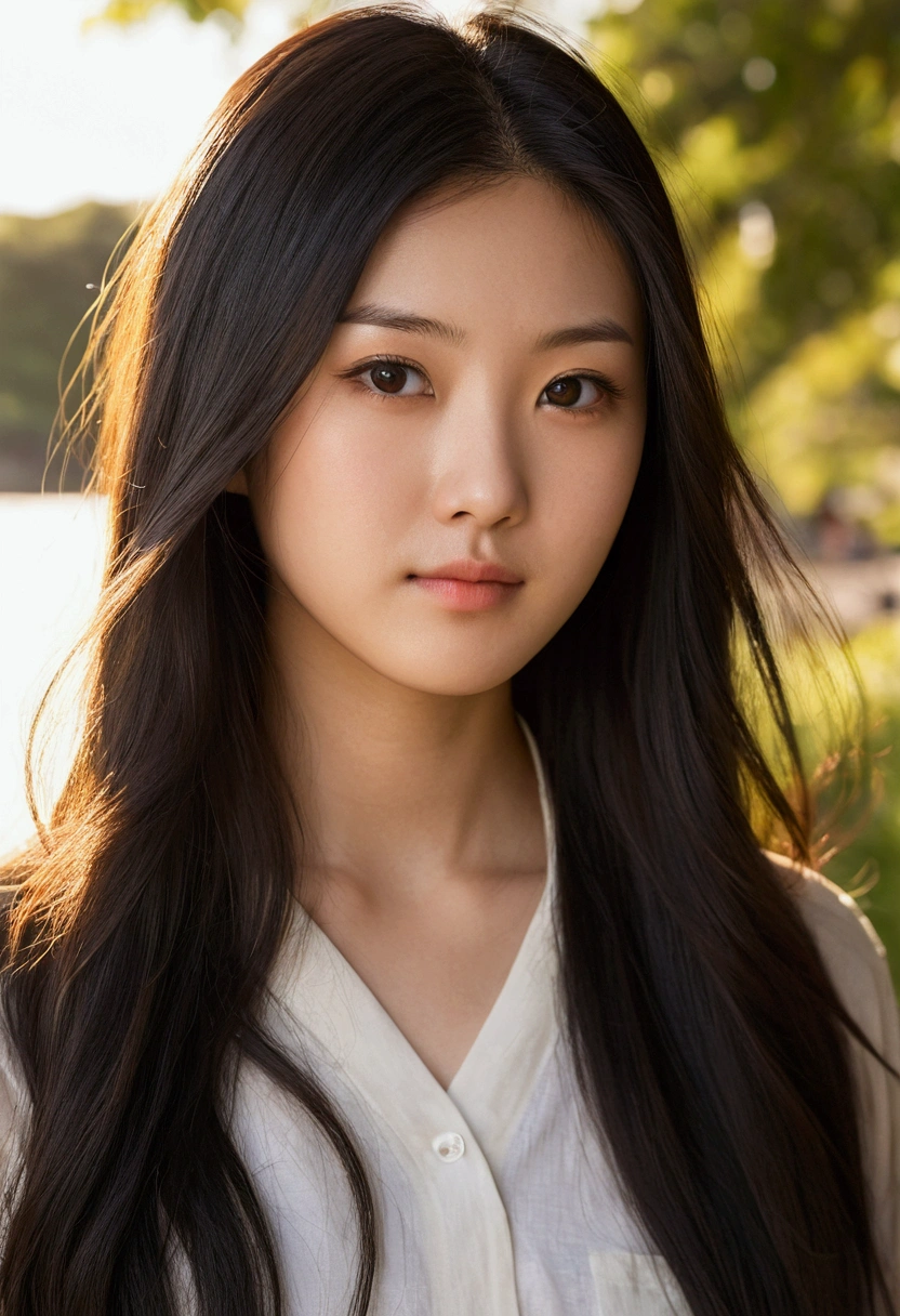 A photorealistic portrait of a 21-year-old japanese girl with long, flowing dark hair and striking dark eyes. She should have a natural, approachable expression and be illuminated by soft, golden-hour sunlight. The background should be a scenic outdoor setting, perhaps a sunlit park or beach. Capture this image with a high-resolution photograph using an 85mm lens for a flattering perspective.
