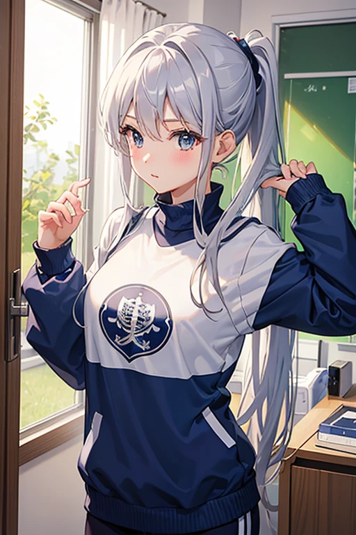 masterpiece、Highest quality、high resolution、Long silver hair、Taking off her blue gym clothes in the school locker room。She is looking in the mirror、Hair tied in a ponytail。