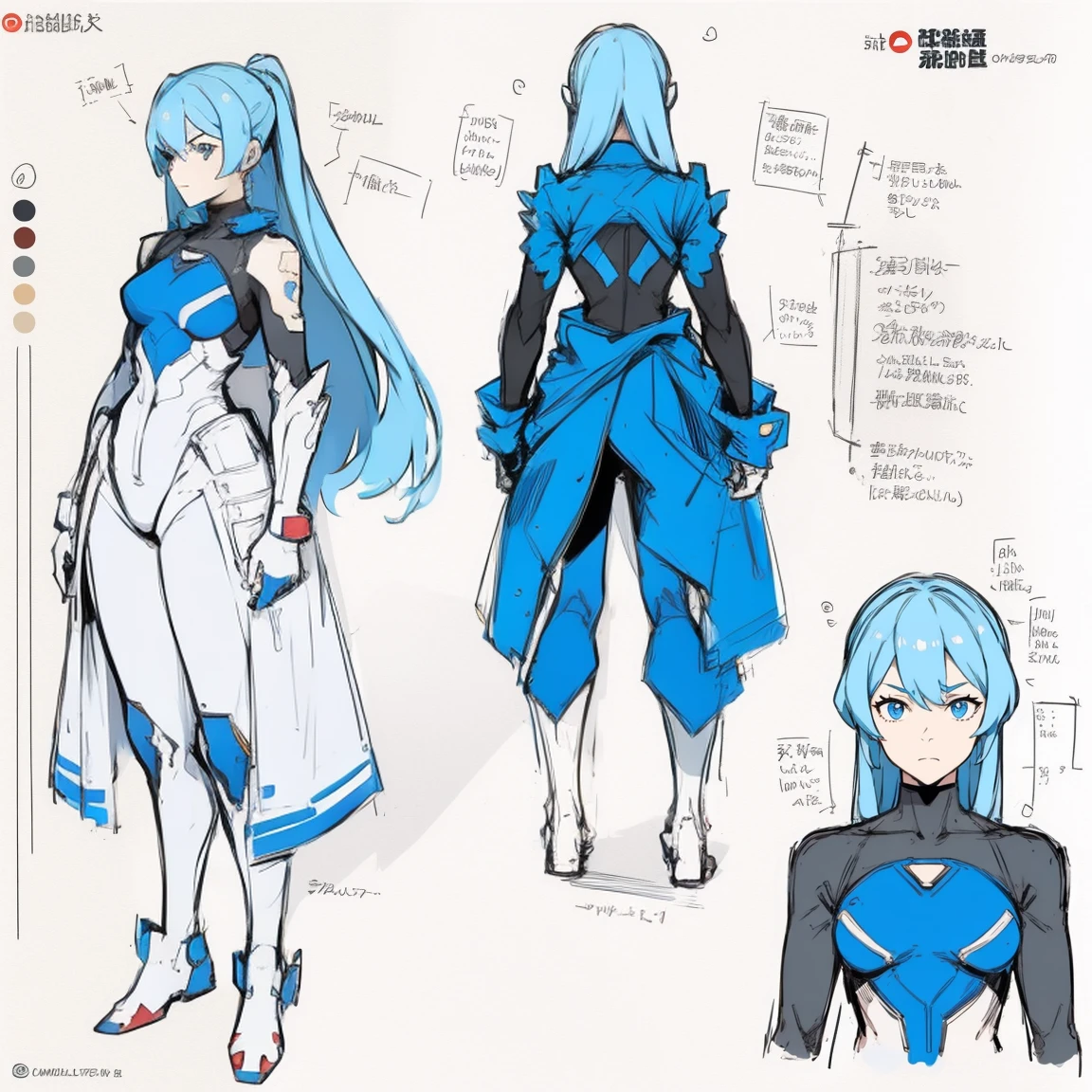 (((full body photo))), red blue and white color, femboy wearing a lightly armoured body suit, sci-fi themes, chest armour, gundam, best quality, arte oficial, Sketch line diagram, eye blue, front view, back view, and side view of character, long hair