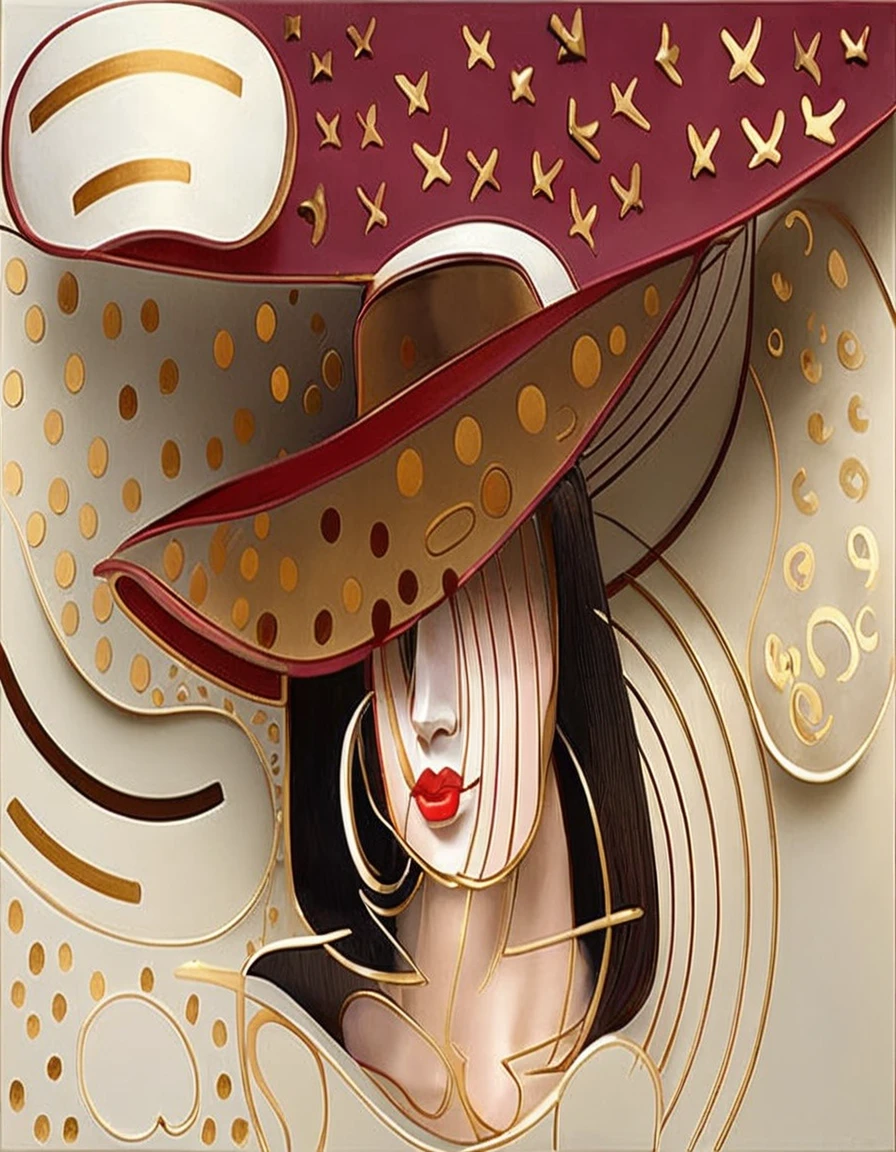 stylized female bust, large brimmed hat, earring, Chanel hair with spikes.  Rendered bas-relief abstract strokes and circles