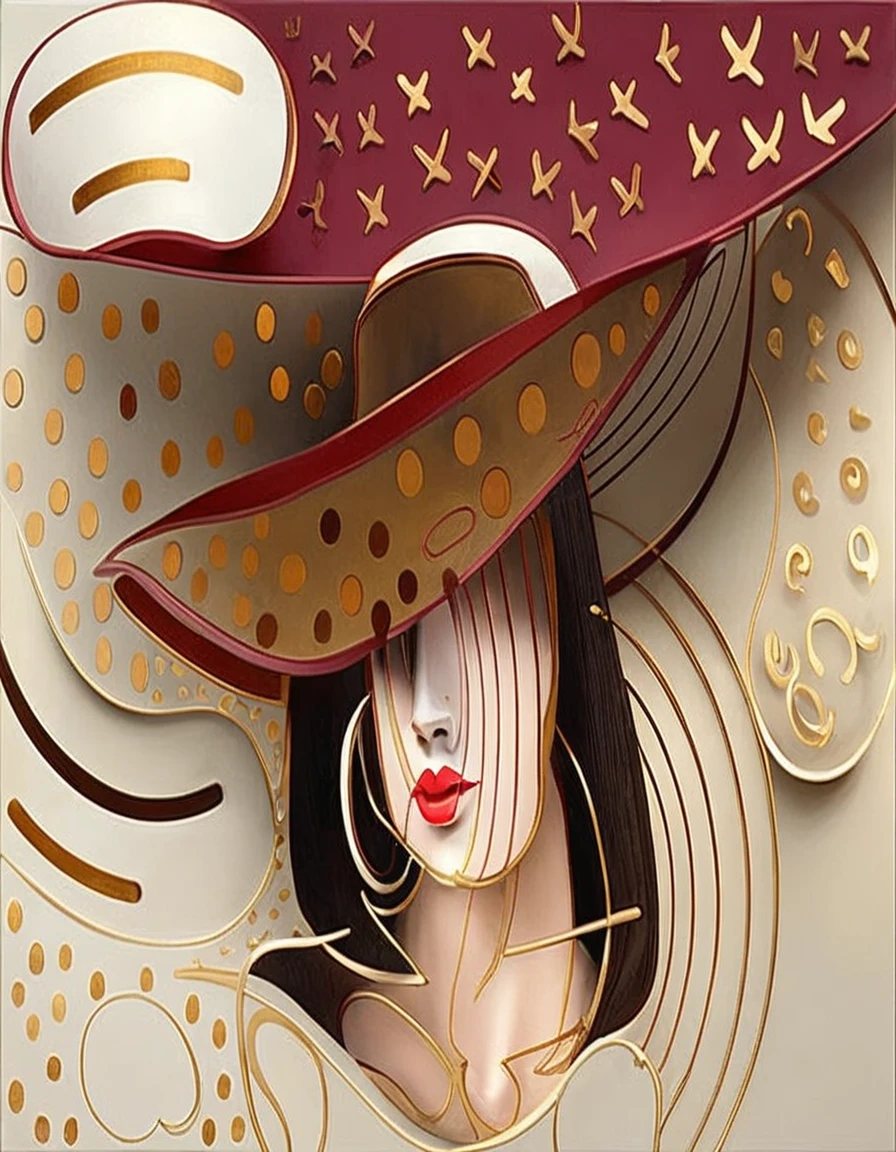 stylized female bust, large brimmed hat, earring, Chanel hair with spikes.  Rendered bas-relief abstract strokes and circles