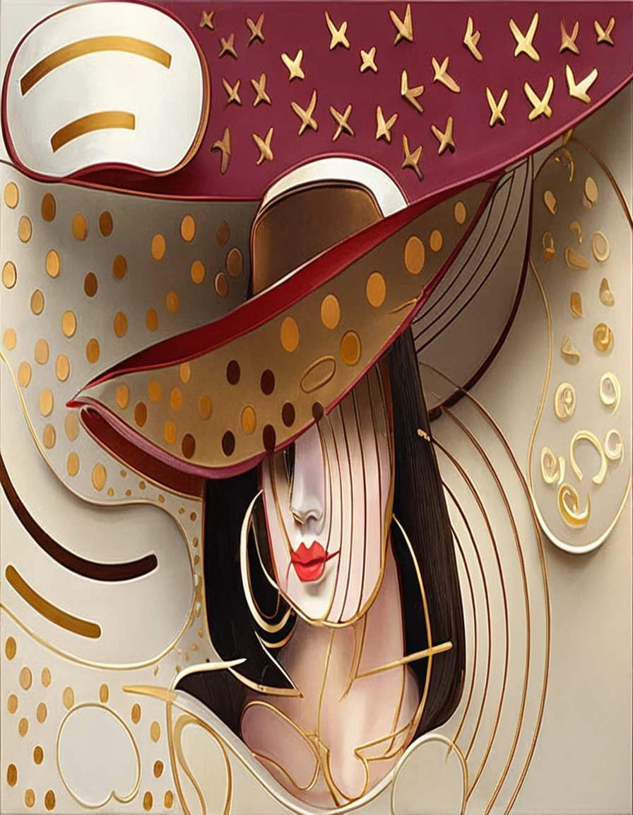 stylized female bust, large brimmed hat, earring, Chanel hair with spikes. Rendered bas-relief abstract strokes and circles