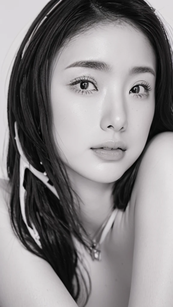 (best quality,ultra-detailed,realistic),(monoclonal portraits),(black and white:1.7),(soft lighting),(Japanese beautiful face),(detailed facial features),(white background),(line drawing),anatomy correct,completely naked,perfect nude,undressed,gleaming face,shiny skin