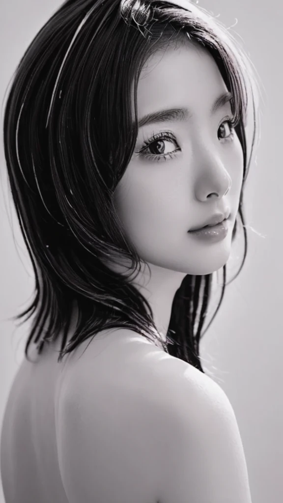 (best quality,ultra-detailed,realistic),(monoclonal portraits),(black and white:1.7),(soft lighting),(Japanese beautiful face),(detailed facial features),(white background),(line drawing),anatomy correct,completely naked,perfect nude,undressed,gleaming face,shiny skin