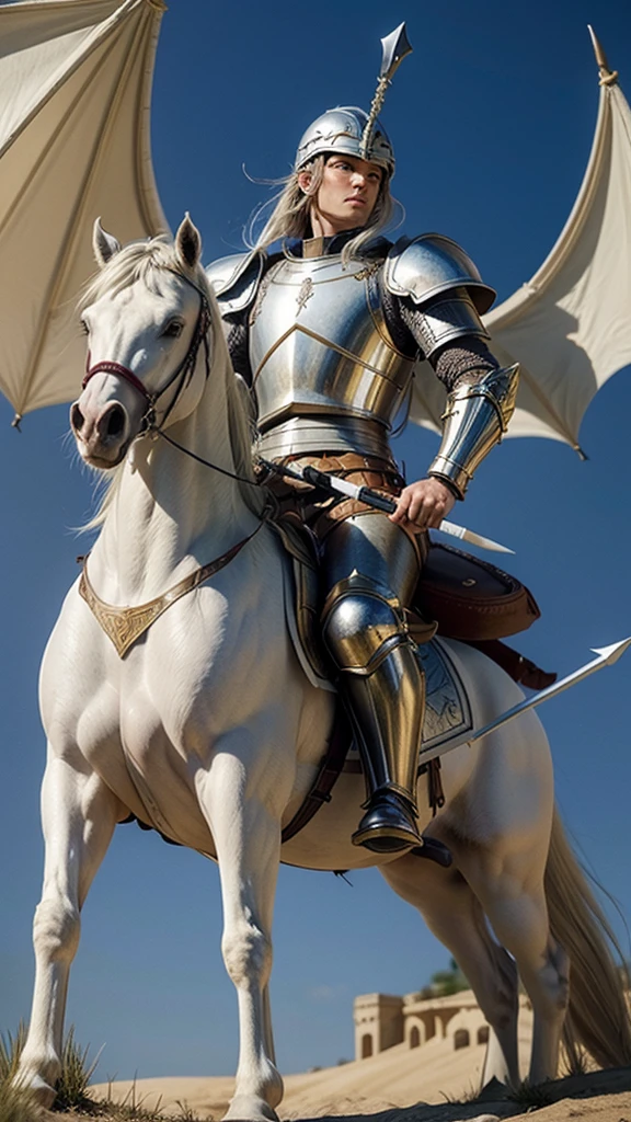 Artistic representation of Saint George in armor, tall and firm on top of a white horse holding a spear stabbing a huge dragon at his feet.