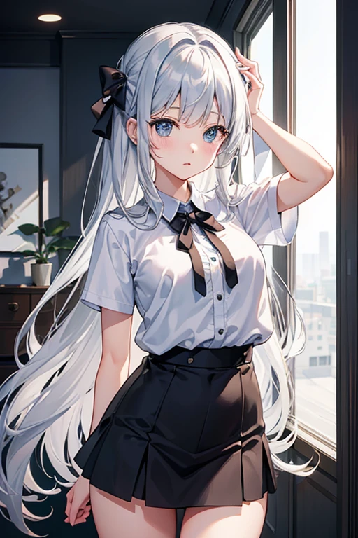 masterpiece, Highest quality, High resolution,Follow the on-screen instructions、Anime Style、Follow the prompts、One Girl、Long silver hair、、Grab the clothes and pull them up、mini skirt、