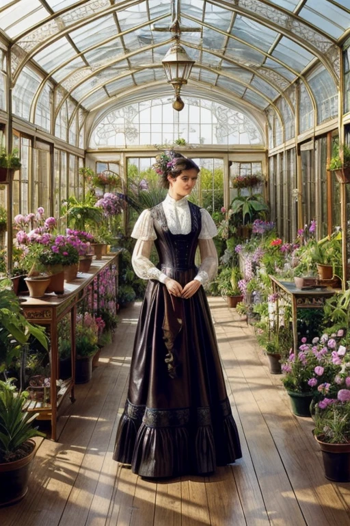 Watercolor Painting, (Karla Jaeger in a flowing steampunk gown with brass accents and lace trim, leather boots, holding a mechanical parasol, thoughtful expression), (in a Victorian greenhouse, exotic plants in large glass enclosures, iron and glass structure, dappled sunlight filtering through), (soft colors, fluid brushstrokes, highly detailed, Steampunk Impressionism, trending on ArtStation), by Mary Cassatt and Childe Hassam and Joaquín Sorolla