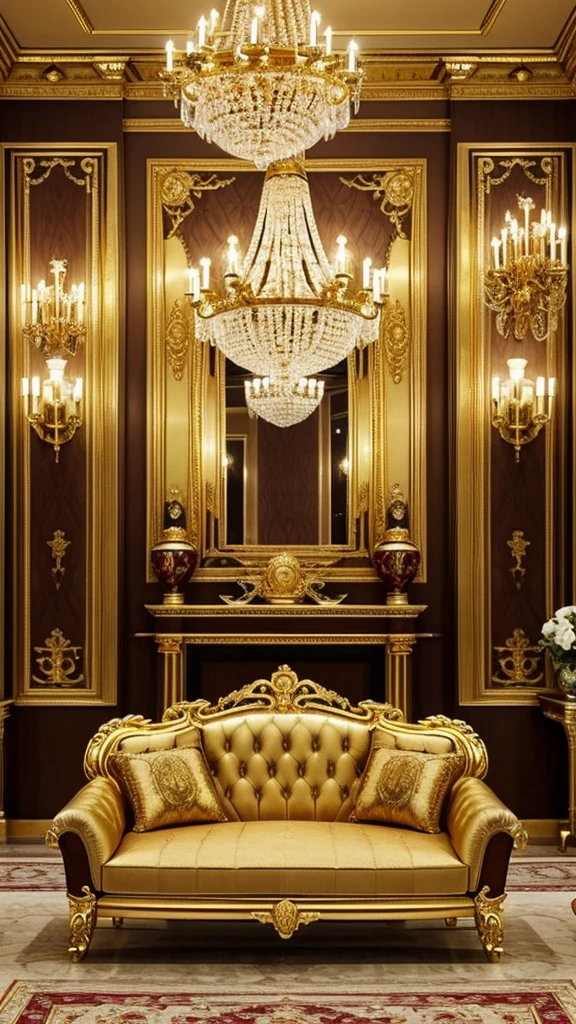 arafed living room with a couch, chairs, coffee table and chandelier, elegant and ornate, gold and luxury materials, ornate and elegant, ornate gilded details, gilded details, ornate with gold trimmings, royal interior, neoclassical style, luxurious environment, elegant and refined, neo - classical style, gilded with gold, extremely opulent, rococo and baroque styles