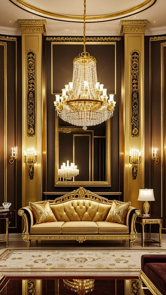 arafed living room with a couch, chairs, coffee table and chandelier, elegant and ornate, gold and luxury materials, ornate and elegant, ornate gilded details, gilded details, ornate with gold trimmings, royal interior, neoclassical style, luxurious environment, elegant and refined, neo - classical style, gilded with gold, extremely opulent, rococo and baroque styles