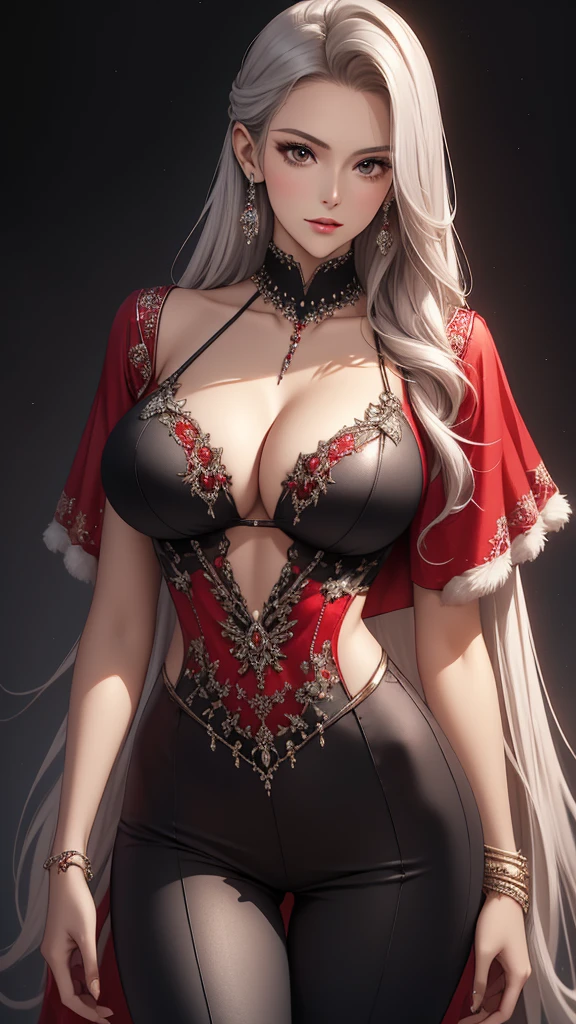 Closeup, Best quality, masterpiece, realistic, Beautiful y cool tall, slim, fit woman, wearing fancy silver-red sequin top and black pants, intricate and highly detailed, cleong silver hair, body chain, jewelry.