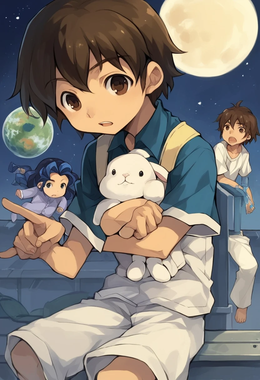 A 5--old wn-haired boy wearing white pajamas is building a spaceship. Stuffed rabbit, space, planet, moon, performer, milky way, shooting performer, score_9, score_8_superior, score_7_superior, score_6_superior, score_5_superior, score_4_superior, sauce_anime, One boy, Handa Shinichi, Brown Hair, Brown eyes, , Pause, View your viewers, score_9, score_8_superior, score_7_superior, score_6_superior, score_5_superior, score_4_superior, sauce_anime, One boy, Handa Shinichi, Brown Hair, Brown eyes, Pause, anime, One boy, Handa Shinichi, Brown Hair, Brown eyes