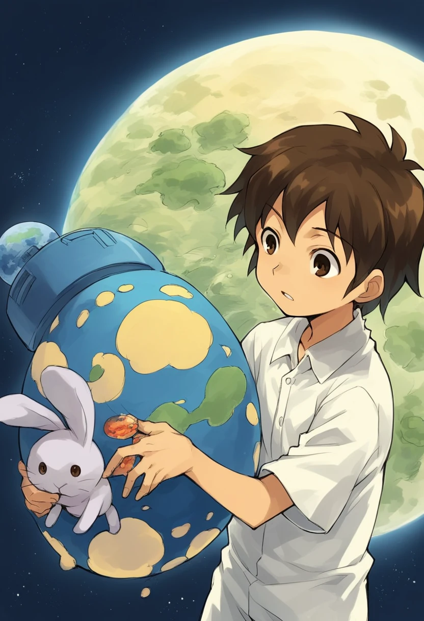 A 5--old wn-haired boy wearing white pajamas is building a spaceship. Stuffed rabbit, space, planet, moon, performer, milky way, shooting performer, score_9, score_8_superior, score_7_superior, score_6_superior, score_5_superior, score_4_superior, sauce_anime, One boy, Handa Shinichi, Brown Hair, Brown eyes, , Pause, View your viewers, score_9, score_8_superior, score_7_superior, score_6_superior, score_5_superior, score_4_superior, sauce_anime, One boy, Handa Shinichi, Brown Hair, Brown eyes, Pause, anime, One boy, Handa Shinichi, Brown Hair, Brown eyes