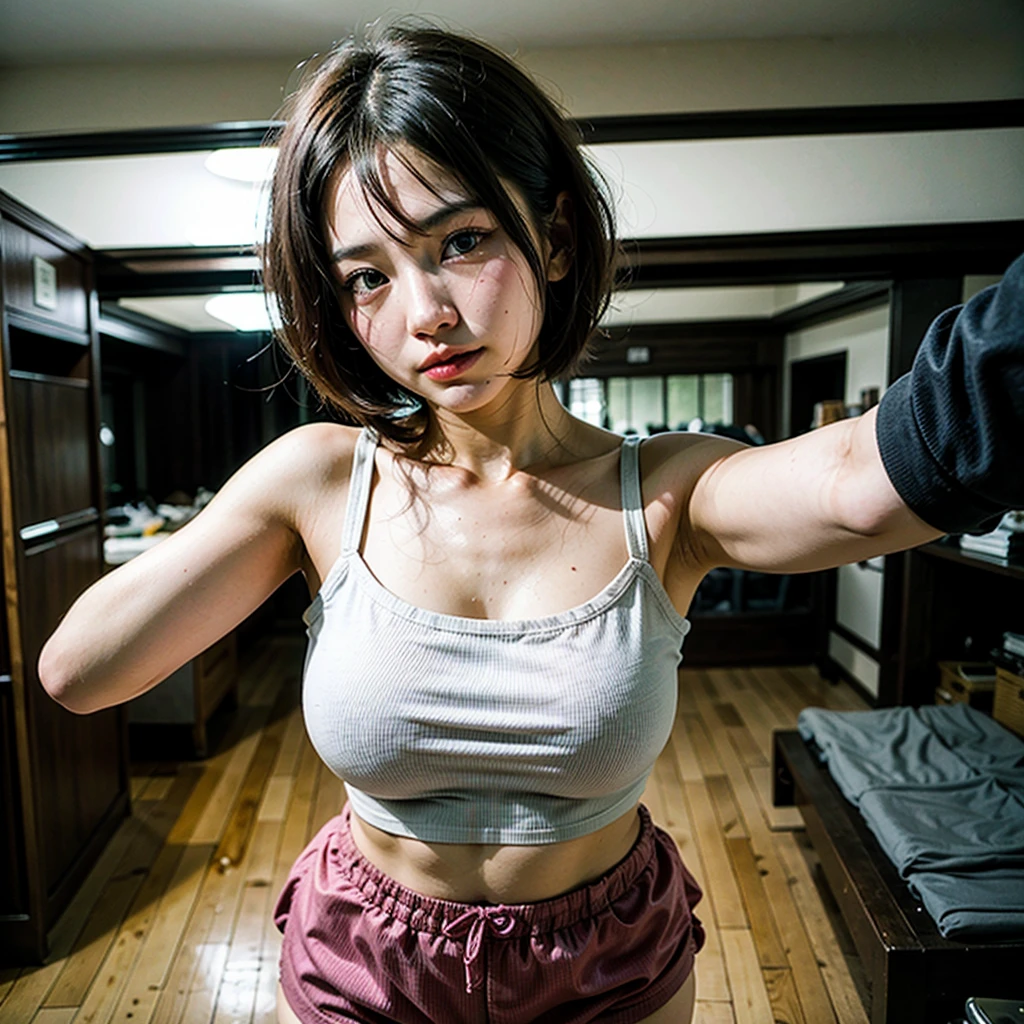 Japanese girl with short wavy hair cut bob taking a selfie in edgy clothes short blouse tight homemade selfie tight shorts