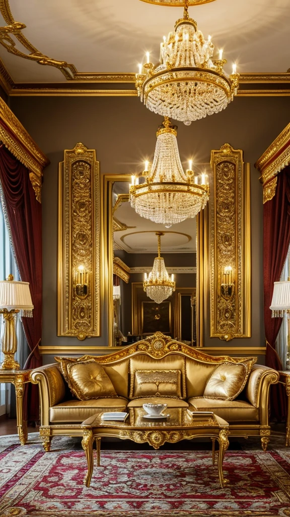 arafed living room with a couch, chairs, coffee table and chandelier, a portrait by François Girardon, shutterstock, rococo, elegant and ornate, gold and luxury materials, ornate and elegant, ornate gilded details, gilded details, ornate with gold trimmings, royal interior, neoclassical style, luxurious environment, elegant and refined