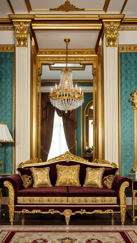 arafed living room with a couch, chairs, coffee table and chandelier, a portrait by François Girardon, shutterstock, rococo, elegant and ornate, gold and luxury materials, ornate and elegant, ornate gilded details, gilded details, ornate with gold trimmings, royal interior, neoclassical style, luxurious environment, elegant and refined