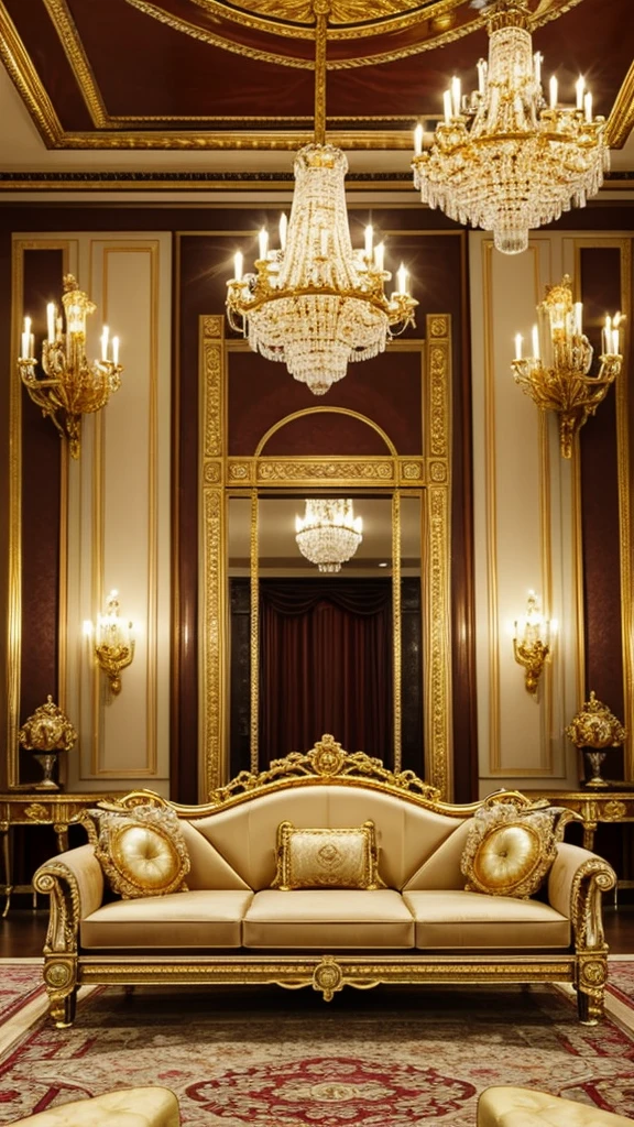 arafed living room with a couch, chairs, coffee table and chandelier, a portrait by François Girardon, shutterstock, rococo, elegant and ornate, gold and luxury materials, ornate and elegant, ornate gilded details, gilded details, ornate with gold trimmings, royal interior, neoclassical style, luxurious environment, elegant and refined