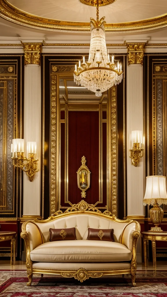 arafed living room with a couch, chairs, coffee table and chandelier, a portrait by François Girardon, shutterstock, rococo, elegant and ornate, gold and luxury materials, ornate and elegant, ornate gilded details, gilded details, ornate with gold trimmings, royal interior, neoclassical style, luxurious environment, elegant and refined