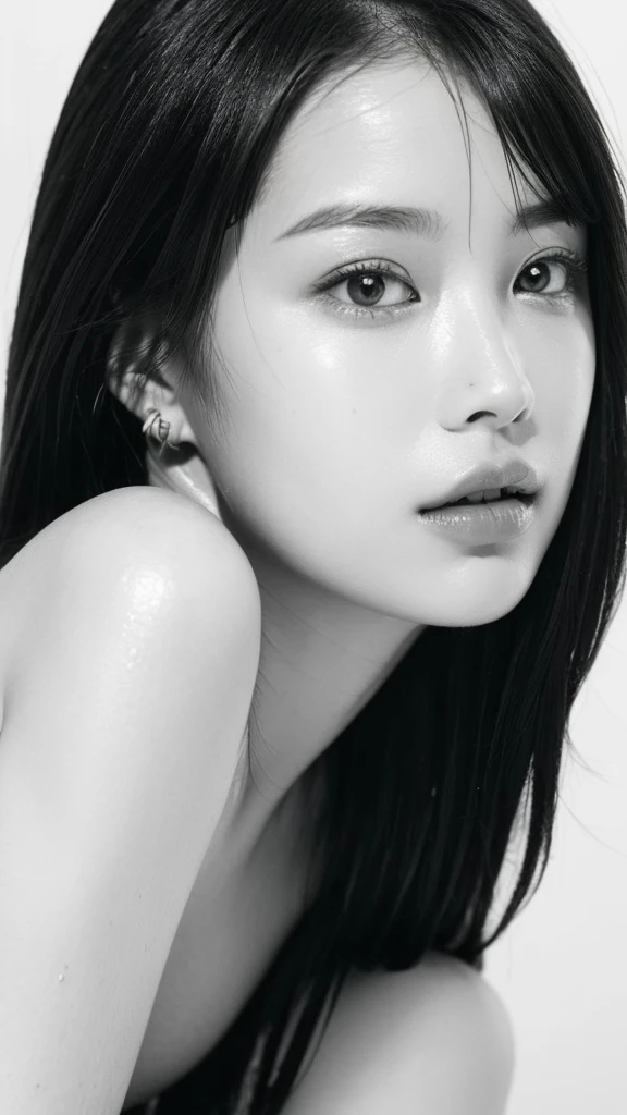 (best quality,ultra-detailed,realistic),(monoclonal portrait),(black and white:1.7),(soft lighting),(Japanese beautiful face),(detailed facial features),(white background),(line drawing),anatomy correct,completely naked,perfect nude,undressed,gleaming face,shiny skin,oiled skin
