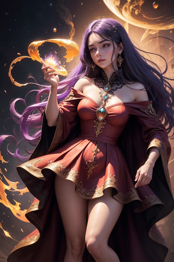 (MESTRA CIGANA SULAMITA) super-realista, Standing showing all her realistic 8K red/orange lace dress floating in space , cabelos negros, pele, dourada, corpo full body perfect , Detailed Hands with Ruby Ring, 40 anos, Mystery front image ::8, flowing robe, Intricate Purple Makeup Patterns ::7, body ::6, Aura Encantada, magia brilhante ::5, On your card table, Bubbling Potion ::4, Magic ingredients, spellbooks ::3, gesto de spellcasting ::2, mistic ambient, supernatural presence ::1. Smoke and atmosphere: , poderes naturais, como frutos, folhas, cristais, 16K.
