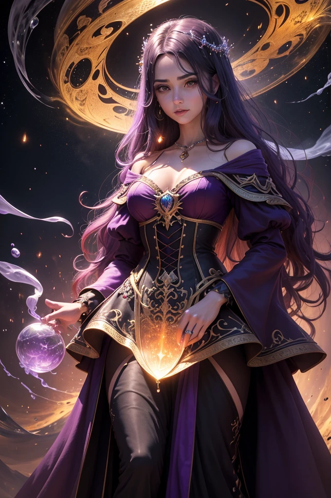 (MESTRA CIGANA SULAMITA) super-realista, Standing showing all her realistic 8K red/orange lace dress floating in space , cabelos negros, pele, dourada, corpo full body perfect , Detailed Hands with Ruby Ring, 40 anos, Mystery front image ::8, flowing robe, Intricate Purple Makeup Patterns ::7, body ::6, Aura Encantada, magia brilhante ::5, On your card table, Bubbling Potion ::4, Magic ingredients, spellbooks ::3, gesto de spellcasting ::2, mistic ambient, supernatural presence ::1. Smoke and atmosphere: , poderes naturais, como frutos, folhas, cristais, 16K.