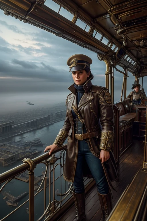 Concept Art, (Karla Jaeger in a steampunk aviator outfit, leather jacket with brass buttons, aviator cap, intricate mechanical gauntlet, determined expression), (on the deck of a Victorian airship, large propellers, panoramic view of a foggy cityscape below, steam billowing from engines), (moody lighting, dynamic composition, highly detailed, Victorian Futurism, trending on ArtStation), by Syd Mead and Ralph McQuarrie and John Howe